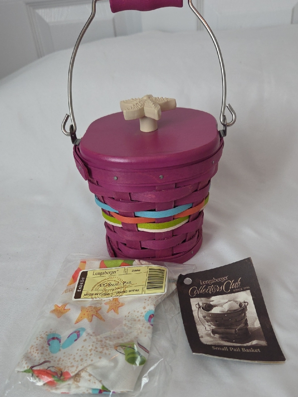 Longaberger Fuchsia Pail Basket with Multicolor Bands and Cream Knob